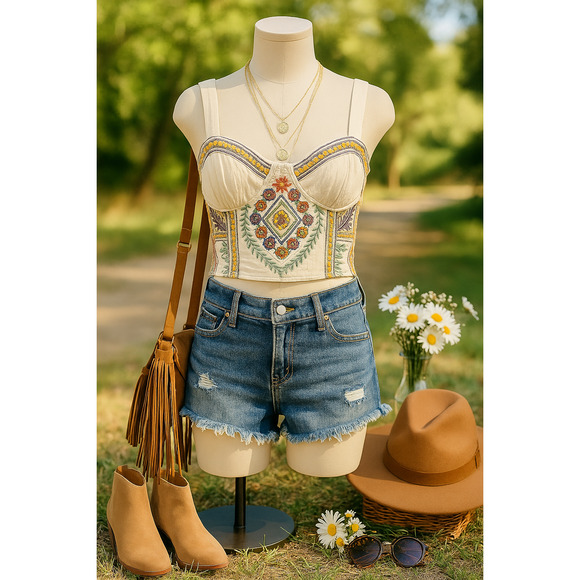 Free People Datura Corset Sleeveless Crop Top Boho Metallic Embroidery Size S - Picture 1 of 10
